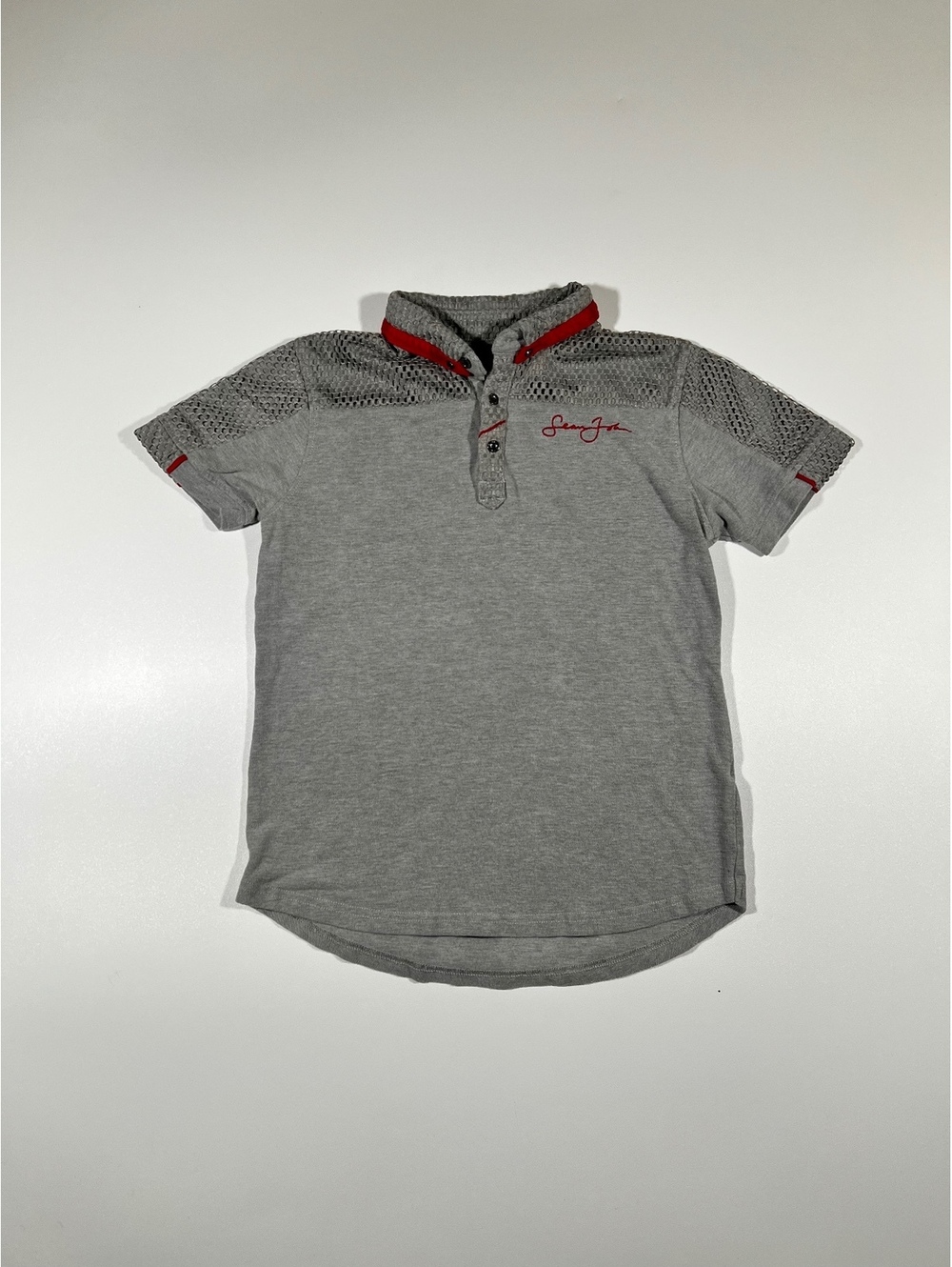 Sean John Gray Mesh Panel Polo Shirt Kid’s Red Trim Snap Button